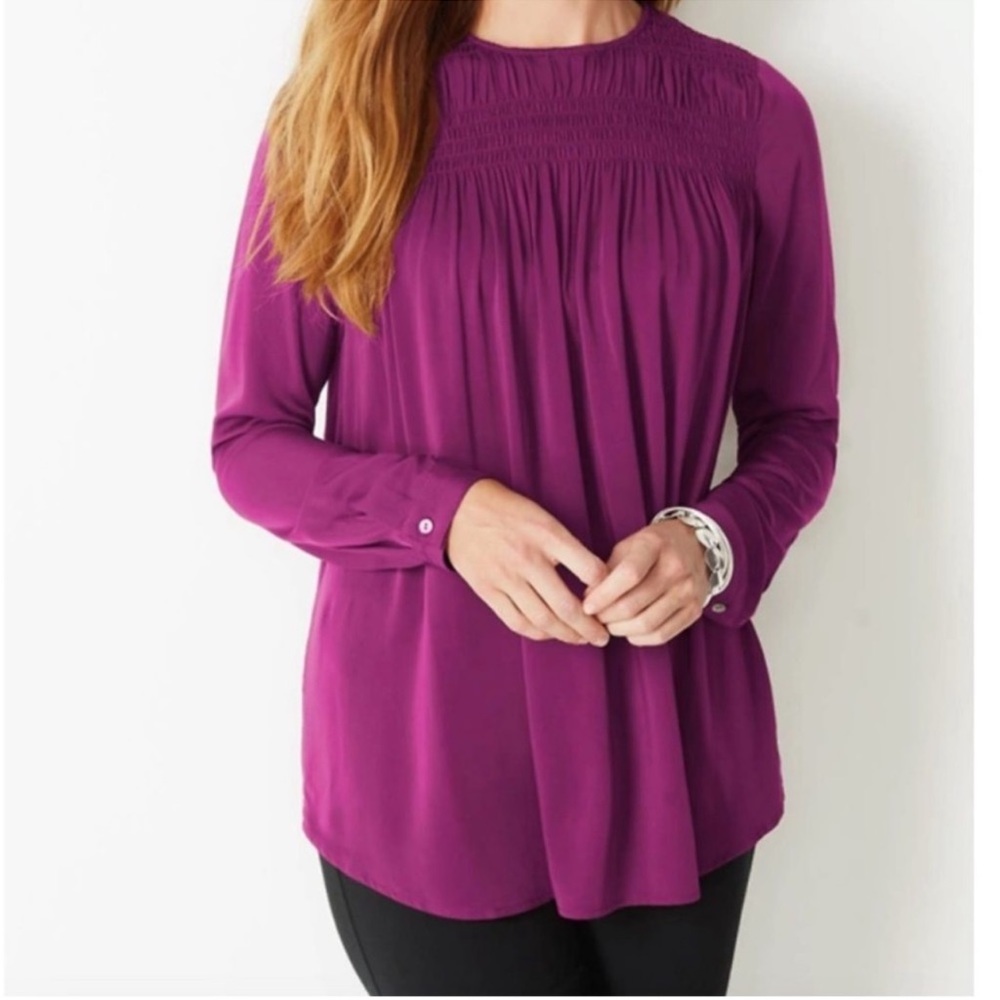 J Jill Smocked Long Sleeve Blouse Pink Sapphire (Violet Purple) Size XL